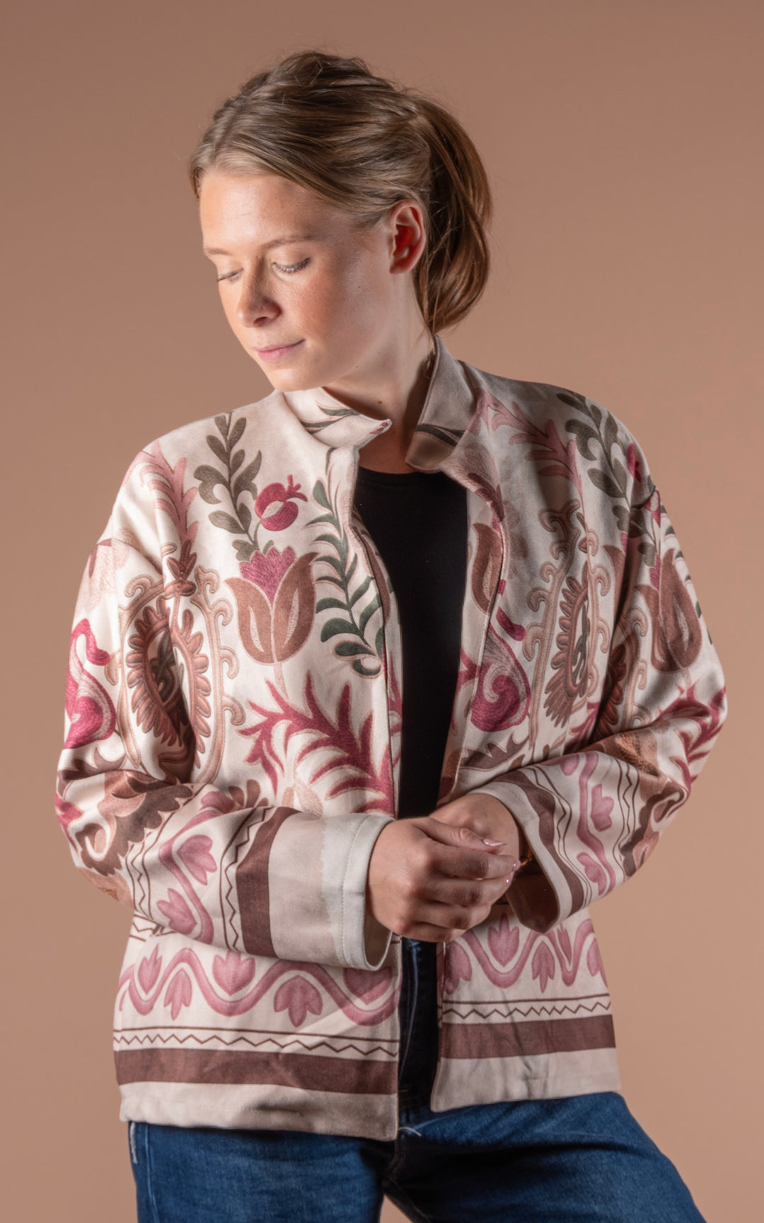 Freya Faux Suede Jacket | Floral Wave | Stone