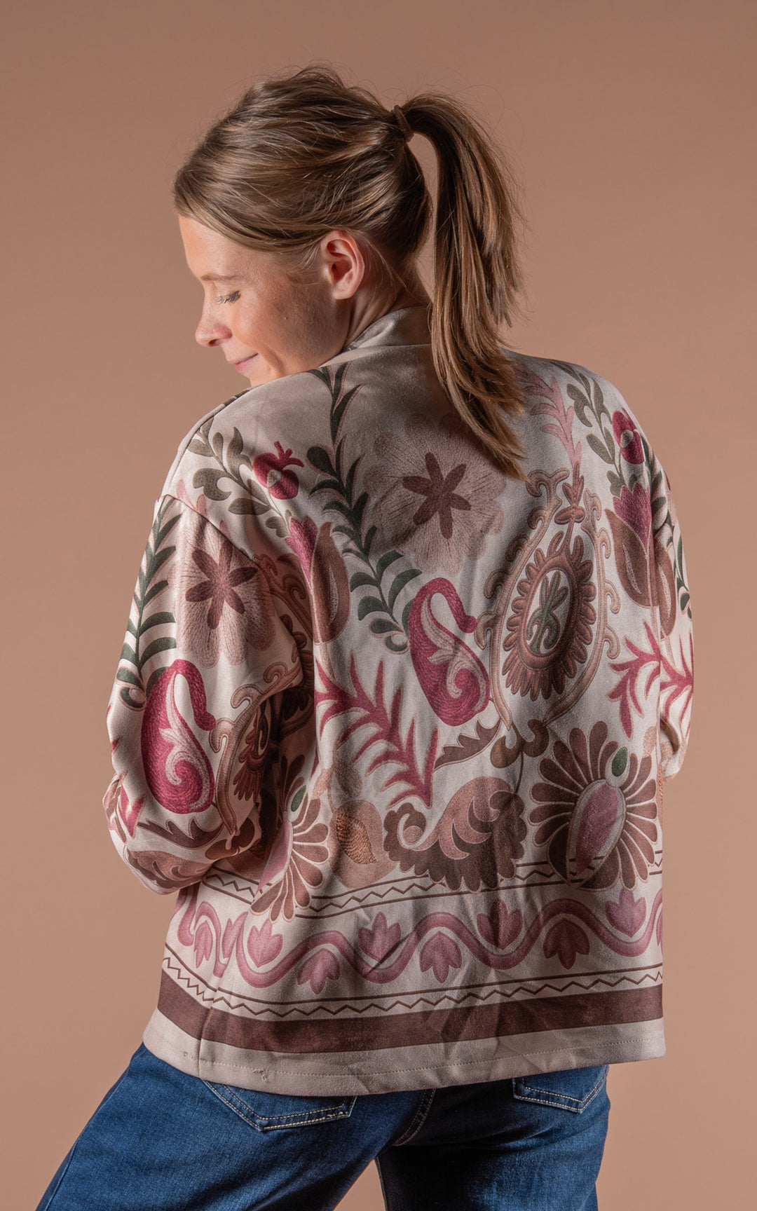 Freya Faux Suede Jacket | Floral Wave | Stone