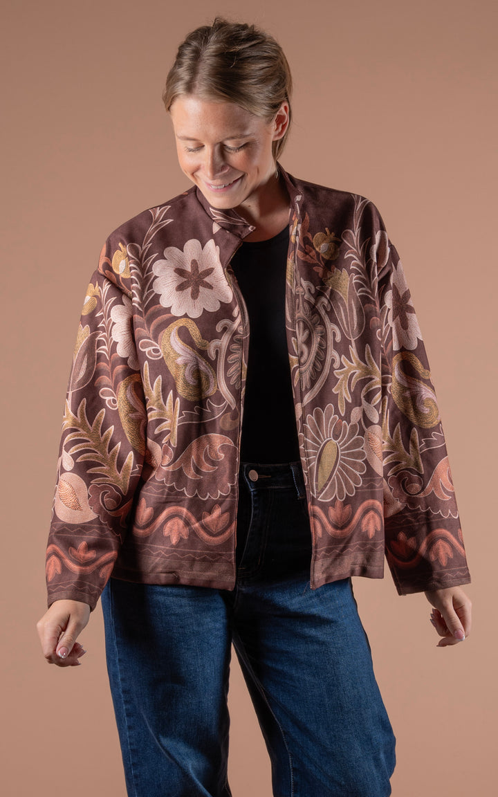 Freya Faux Suede Jacket | Floral Wave | Chocolate