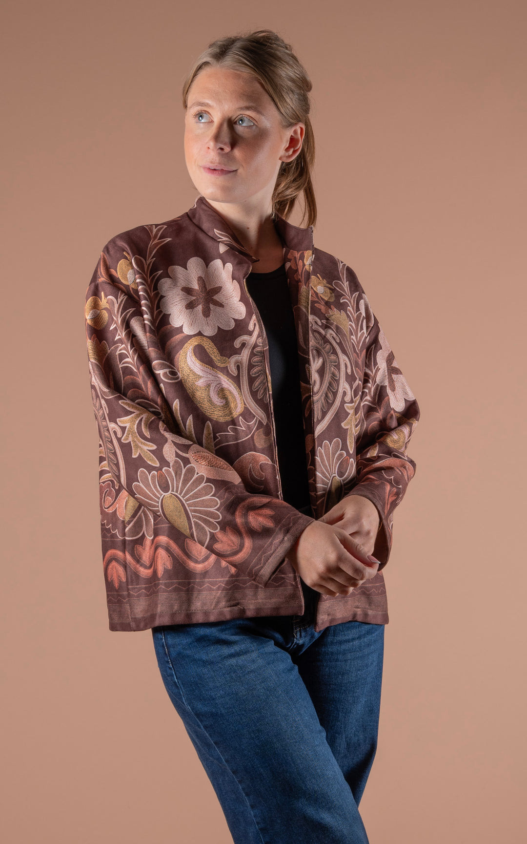 Freya Faux Suede Jacket | Floral Wave | Chocolate