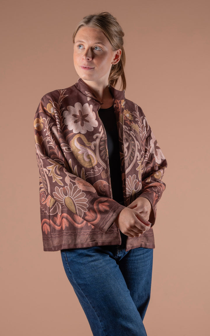 Freya Faux Suede Jacket | Floral Wave | Chocolate