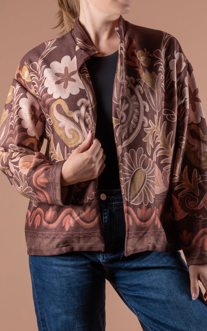 Freya Faux Suede Jacket | Floral Wave | Chocolate