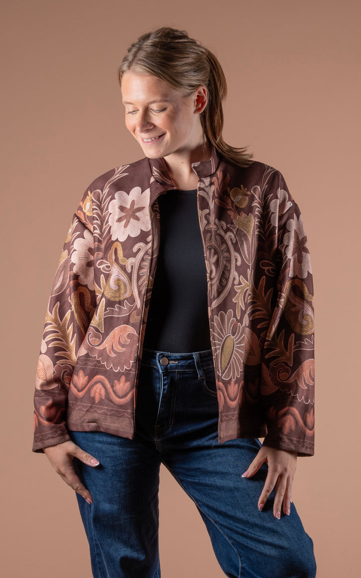 Freya Faux Suede Jacket | Floral Wave | Chocolate