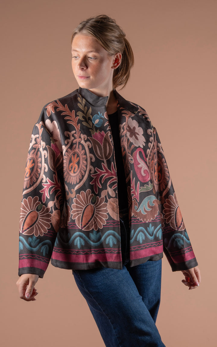 Freya Faux Suede Jacket | Floral Wave | Black