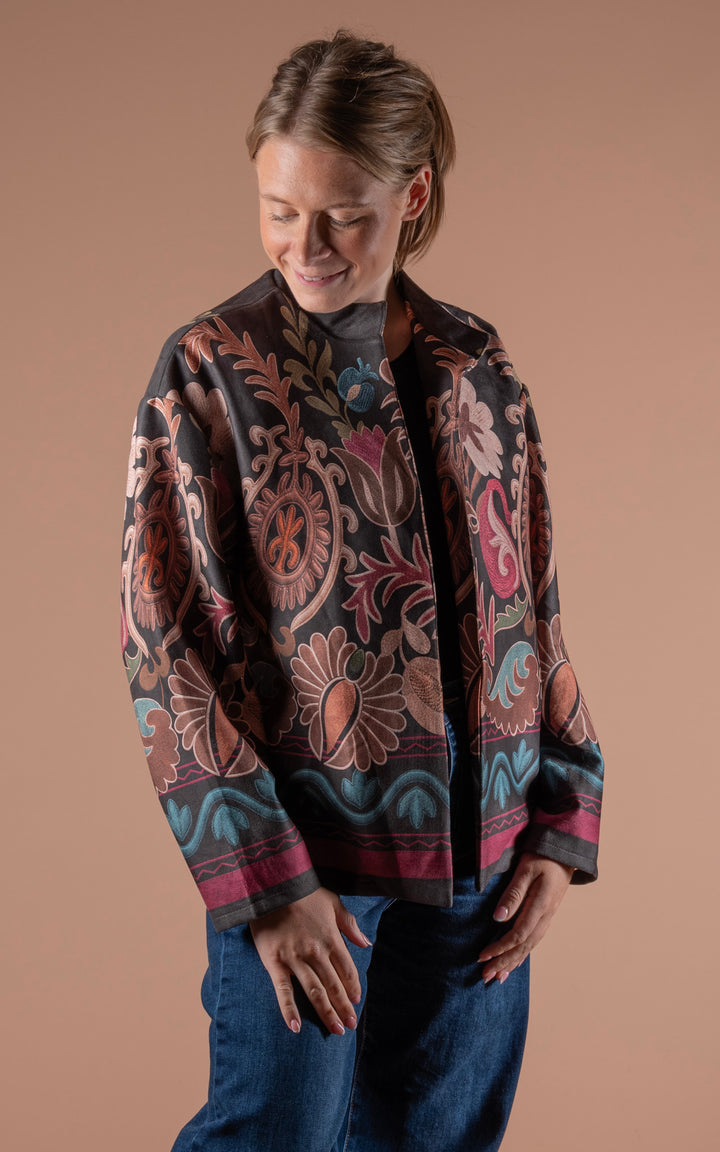 Freya Faux Suede Jacket | Floral Wave | Black