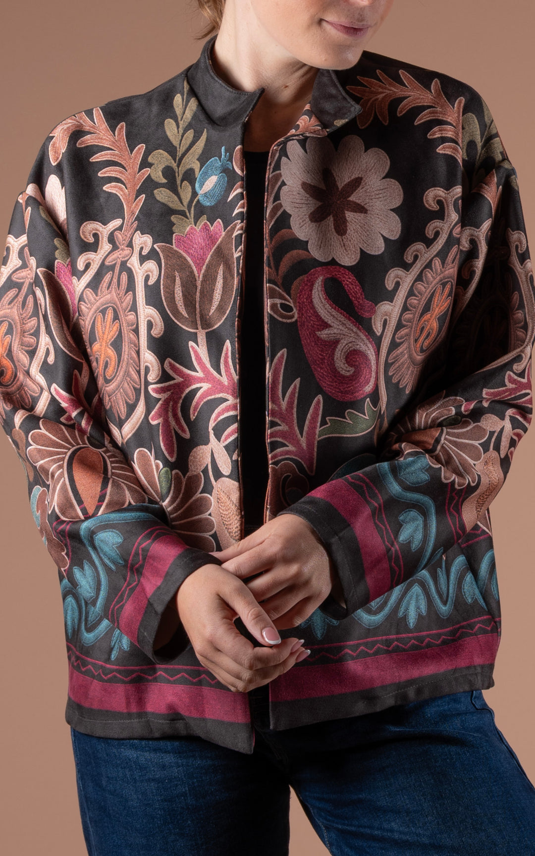 Freya Faux Suede Jacket | Floral Wave | Black