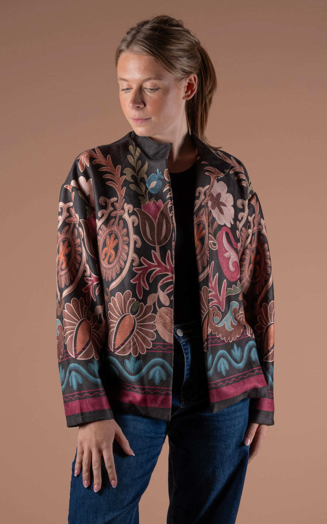 Freya Faux Suede Jacket | Floral Wave | Black