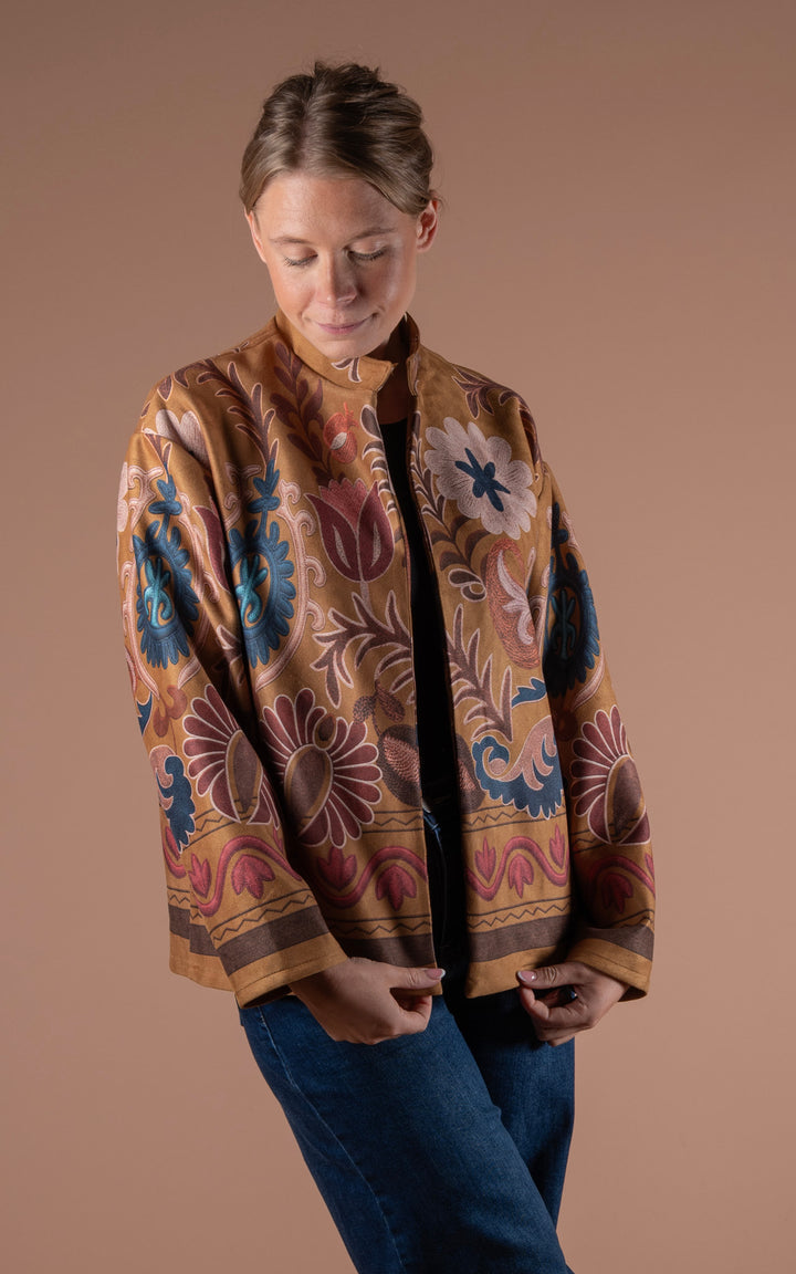 Freya Faux Suede Jacket | Floral Wave | Mustard