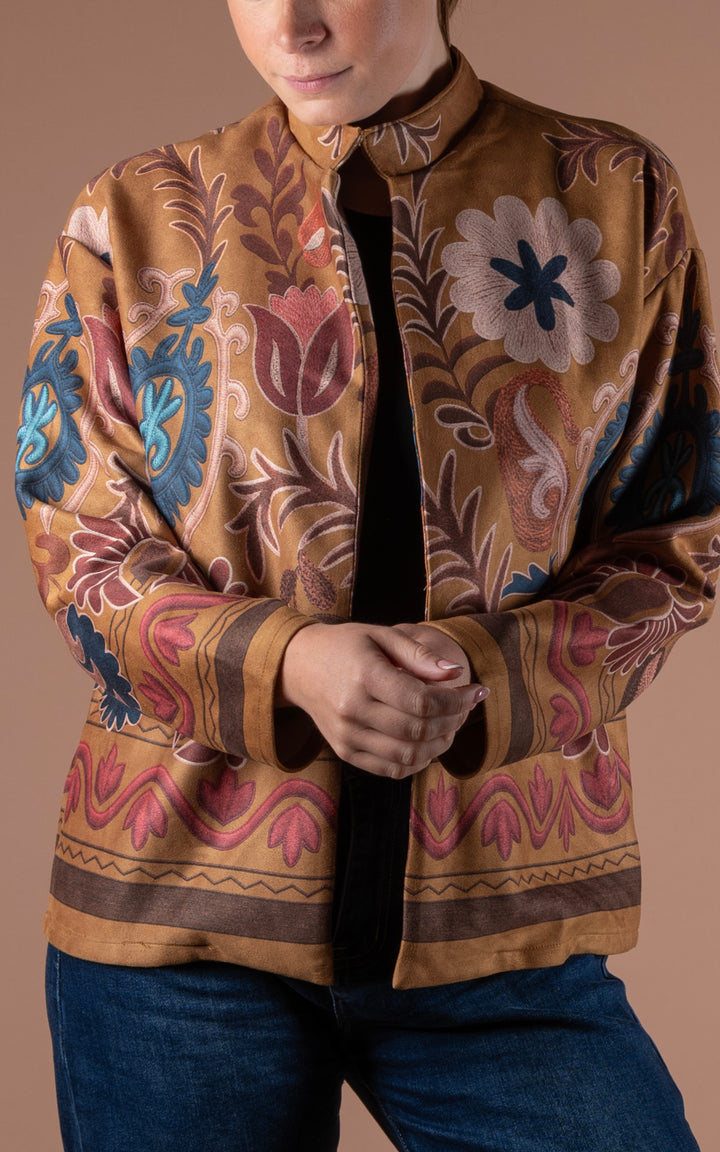 Freya Faux Suede Jacket | Floral Wave | Mustard