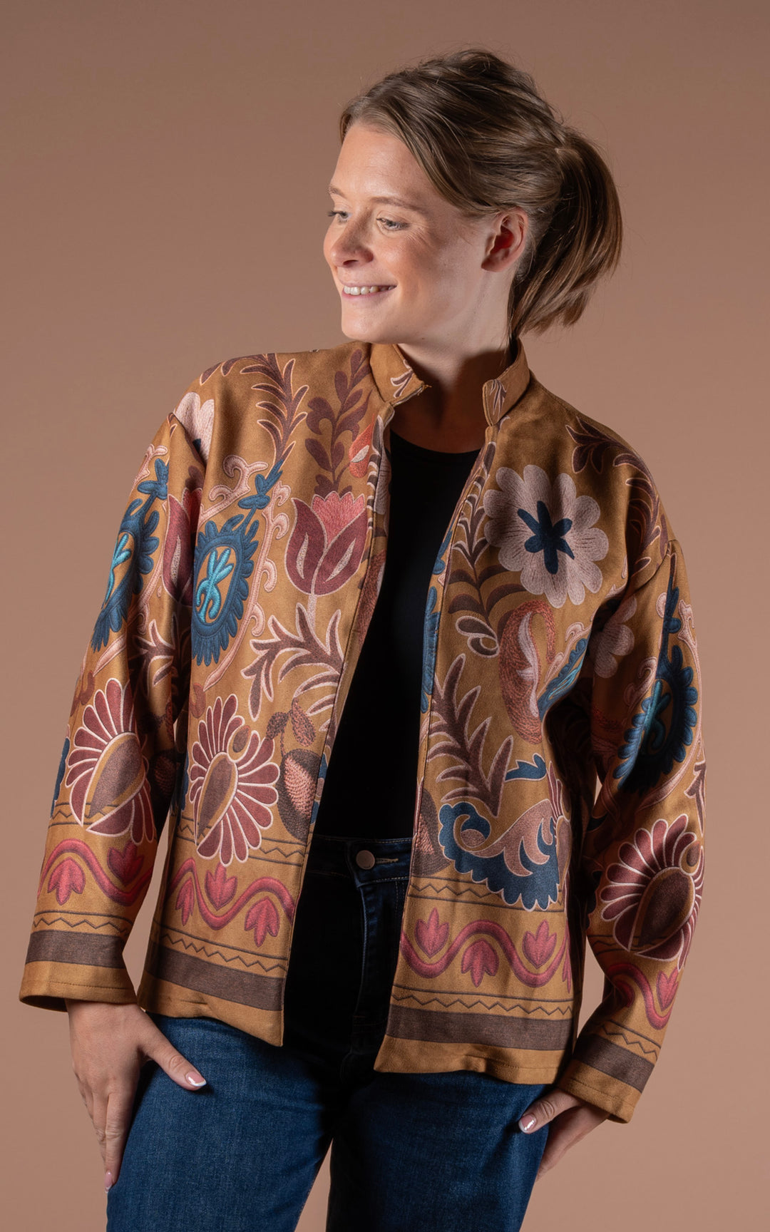 Freya Faux Suede Jacket | Floral Wave | Mustard