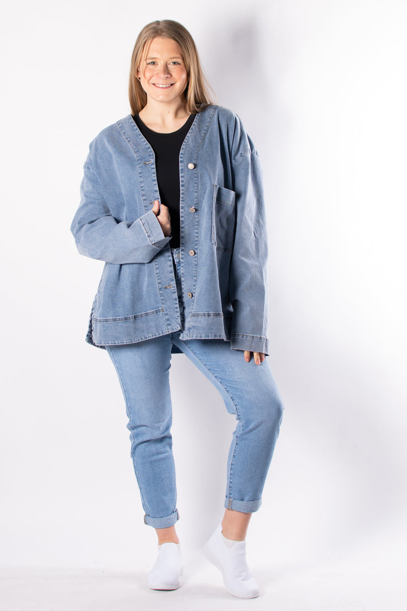 Collarless Denim Shirt Jacket | Denim