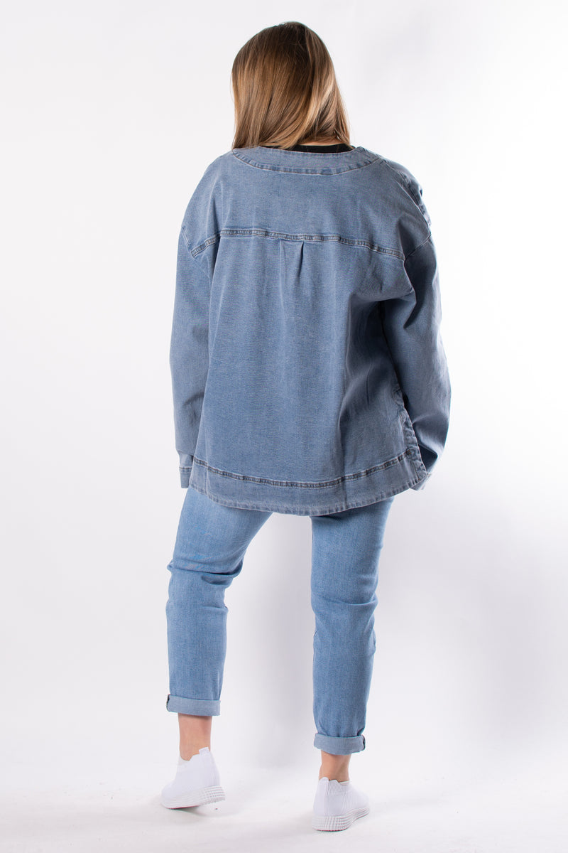 Collarless Denim Shirt Jacket | Denim