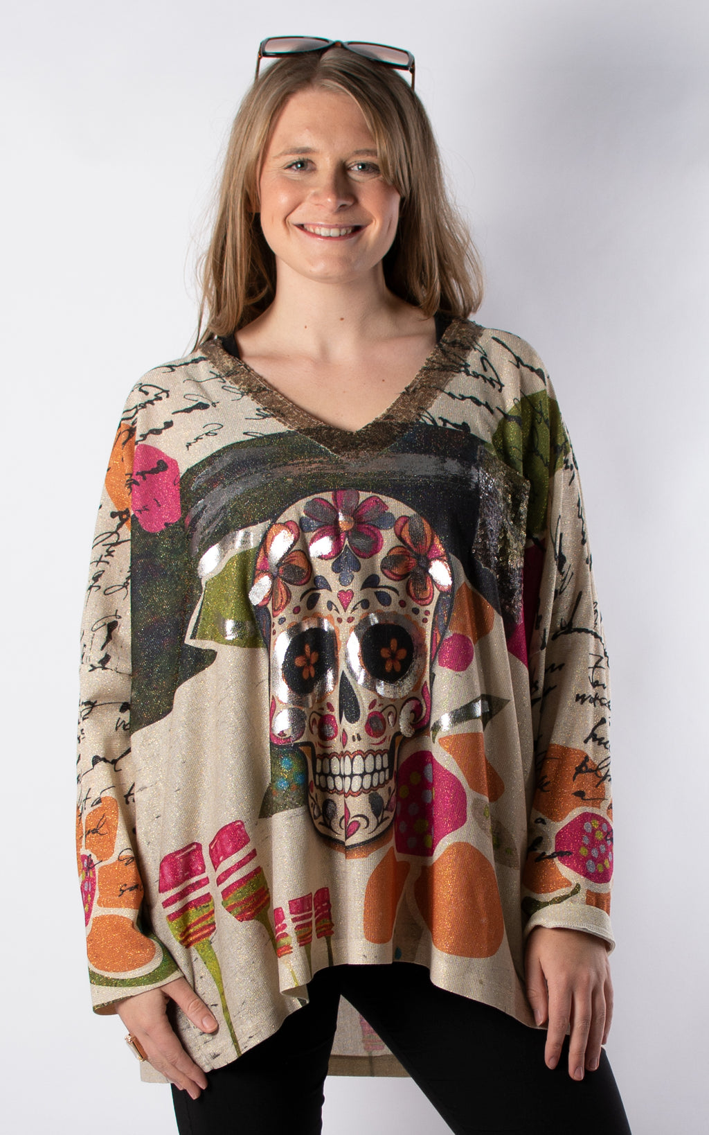 Sequin V-neck | Long Sleeve | Skull