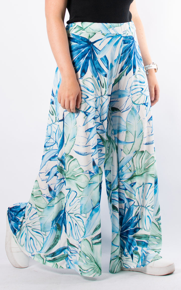Cath Wide Leg Trousers | Tropical Leaf | Blue