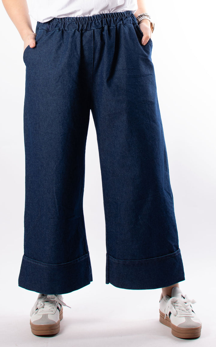 Denim Pocket Wide Leg Turn Up Trouser| Dark Denim