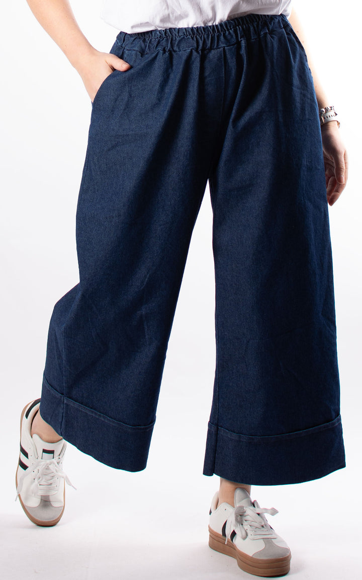 Denim Pocket Wide Leg Turn Up Trouser| Dark Denim