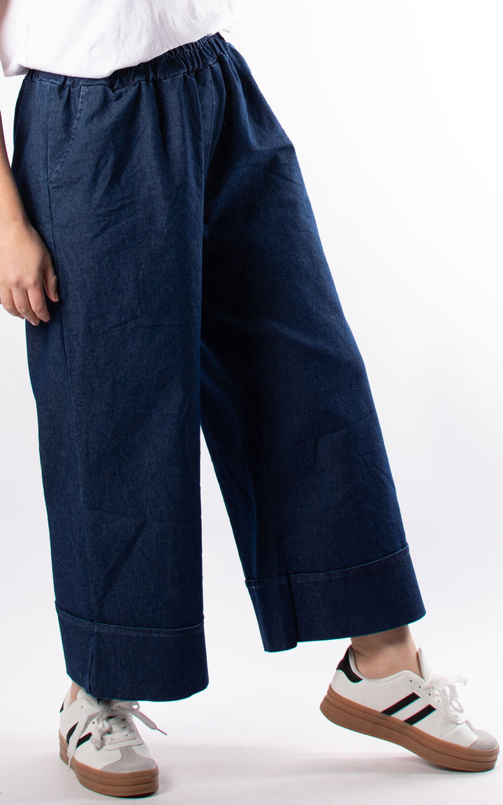 Denim Pocket Wide Leg Turn Up Trouser| Dark Denim