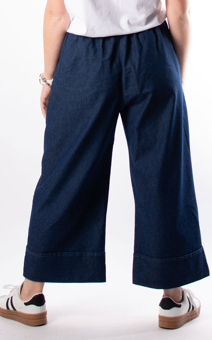 Denim Pocket Wide Leg Turn Up Trouser| Dark Denim