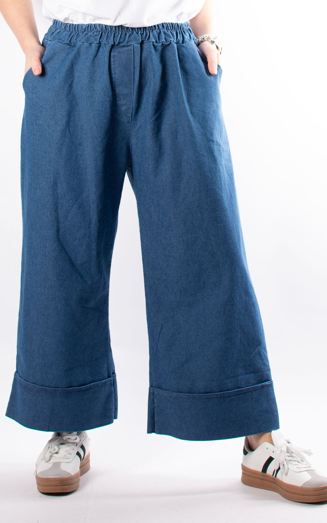 Denim Pocket Wide Leg Turn Up Trouser| Light Denim