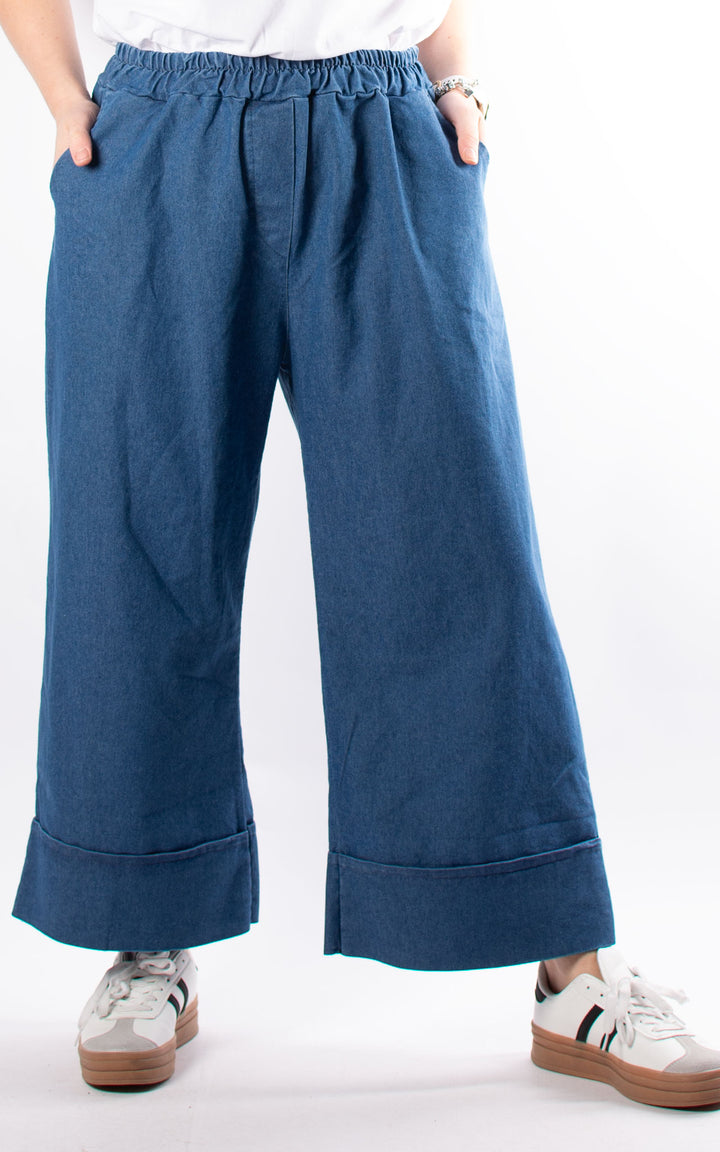 Denim Pocket Wide Leg Turn Up Trouser| Light Denim