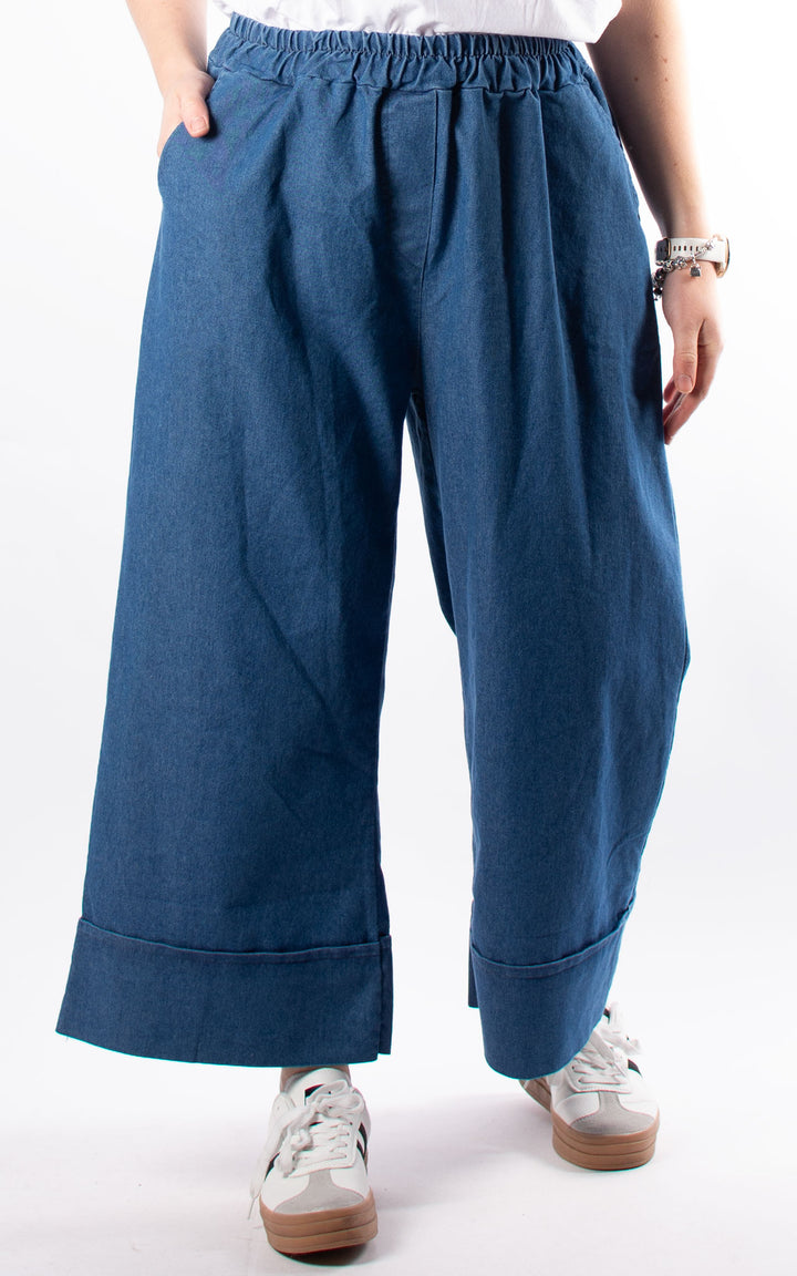 Denim Pocket Wide Leg Turn Up Trouser| Light Denim