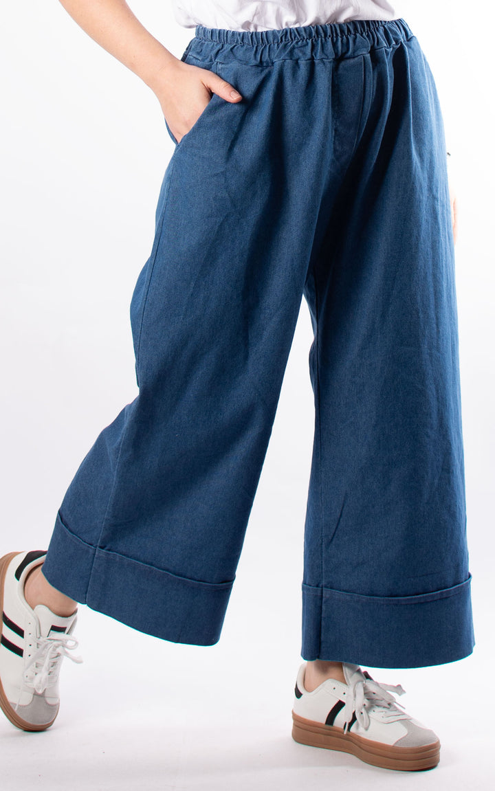 Denim Pocket Wide Leg Turn Up Trouser| Light Denim