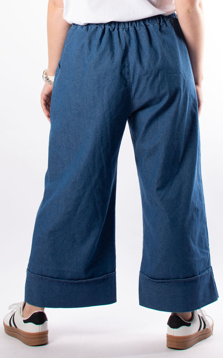 Denim Pocket Wide Leg Turn Up Trouser| Light Denim