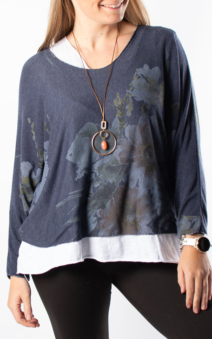 Double Layered Top | Floral | Navy