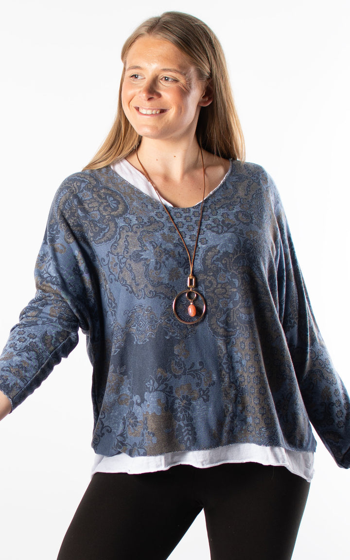 Double Layered Top | Patterned | Denim