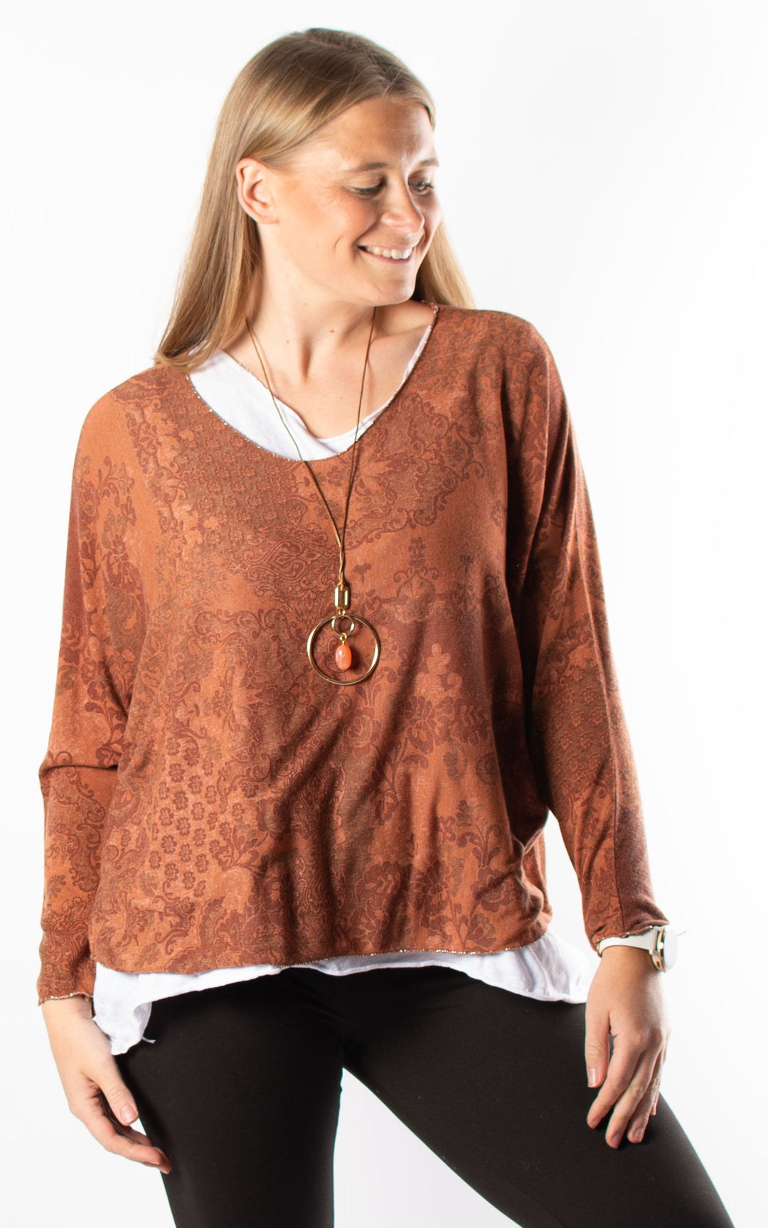 Lilly Layered Rust Double Layered Top | Patterned | Rust – Room Lytham