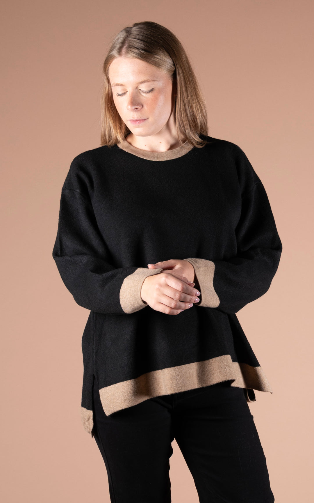 Eden Round Neck Jumper | Black & Taupe