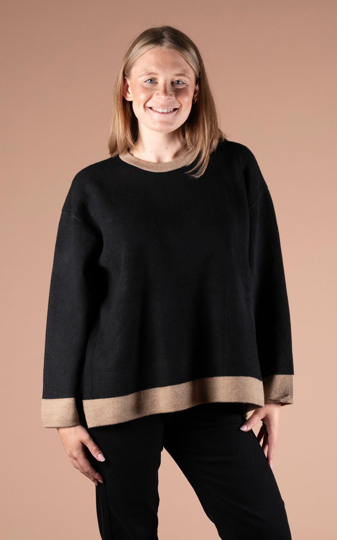 Eden Round Neck Jumper | Black & Taupe