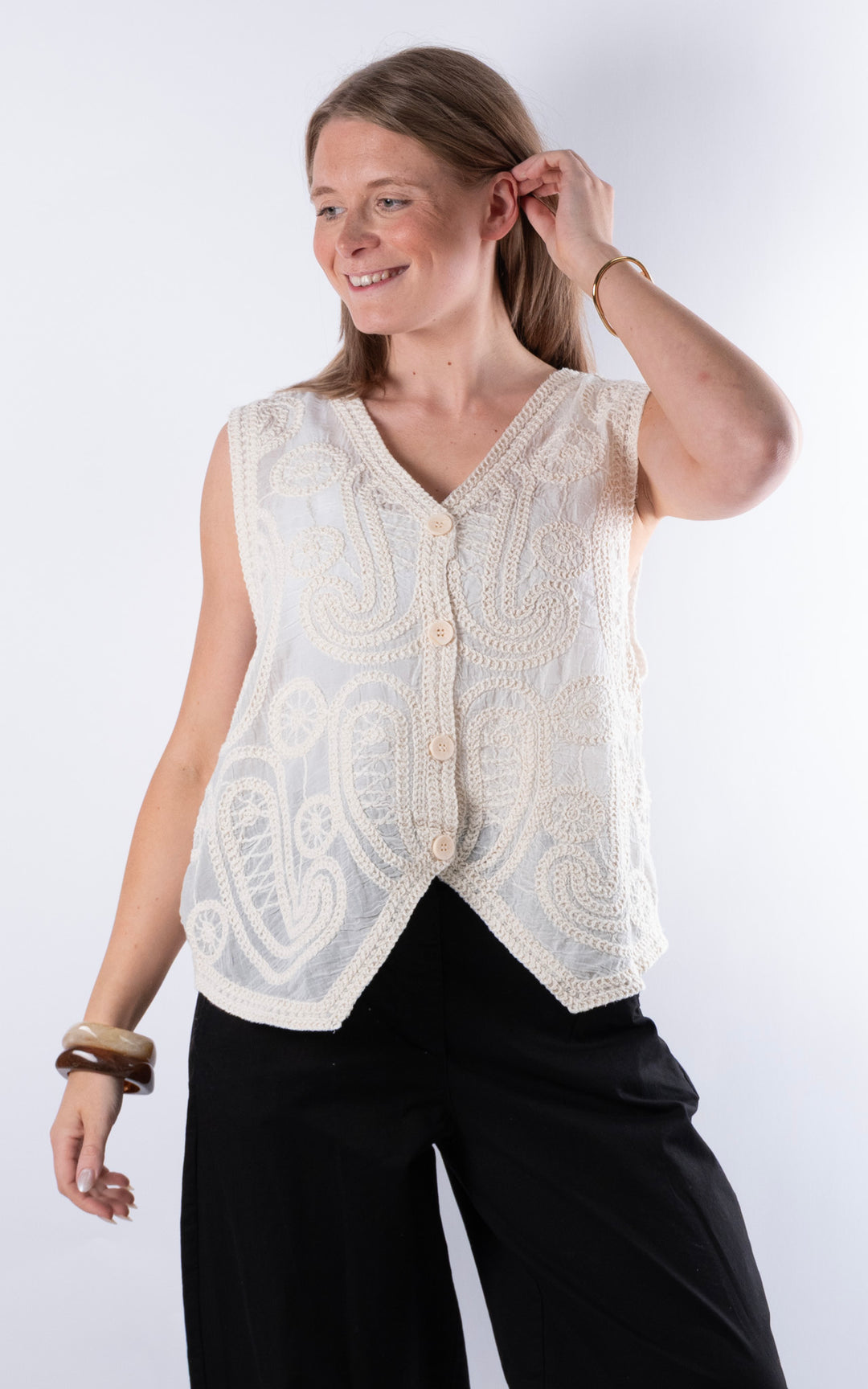 Ella Embroidery Vest | Cream