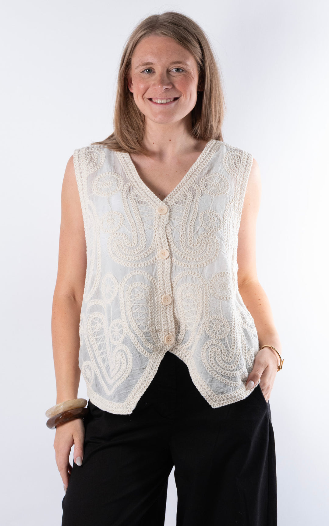 Ella Embroidery Vest | Cream