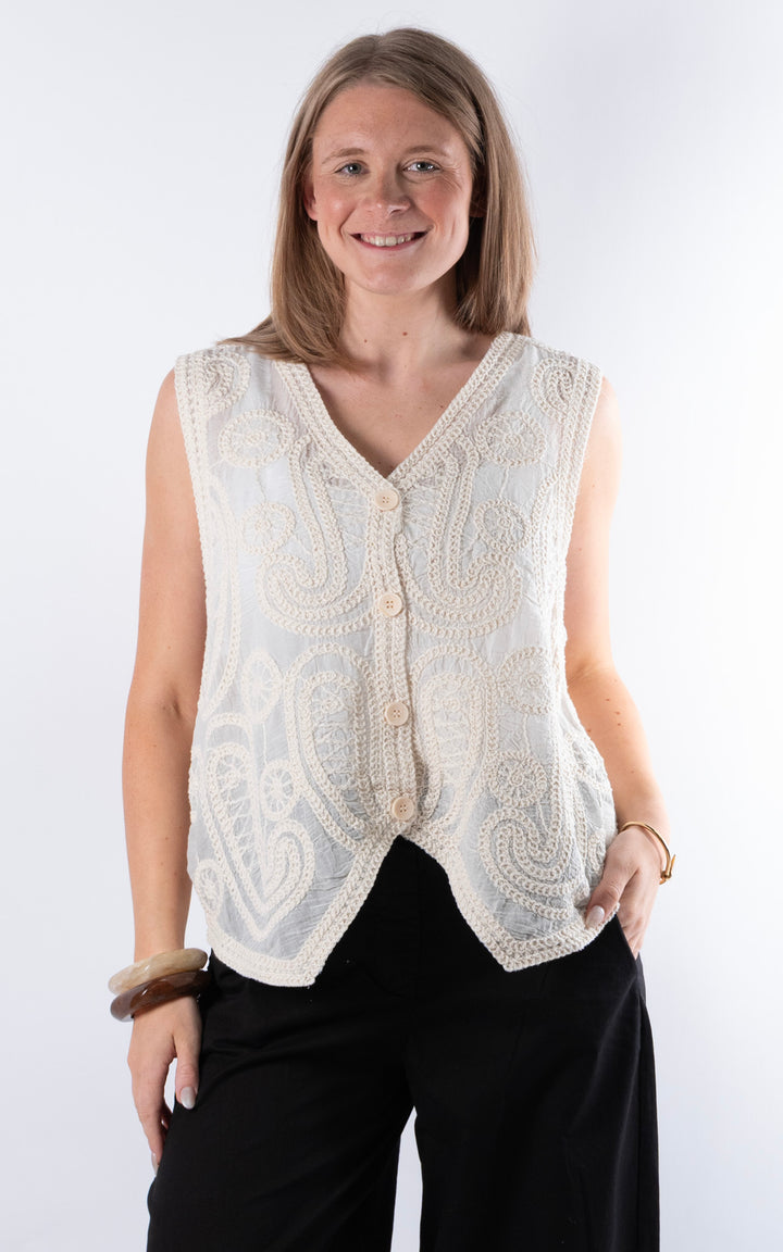 Ella Embroidery Vest | Cream