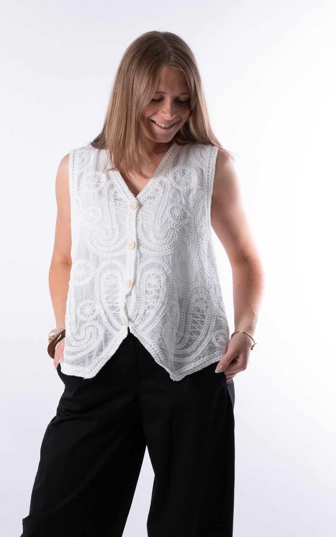 Ella Embroidery Vest | White