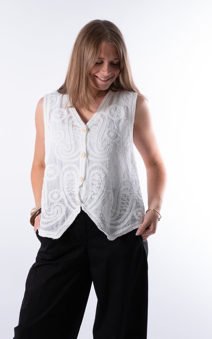 Ella Embroidery Vest | White