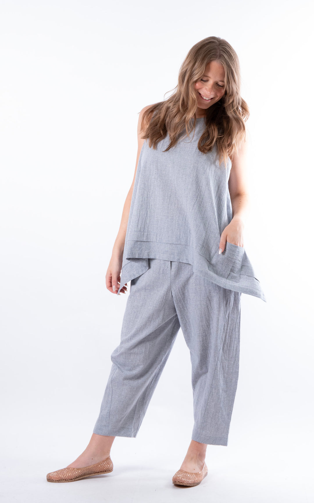 Ella Linen Mix Pocket Top | Denim