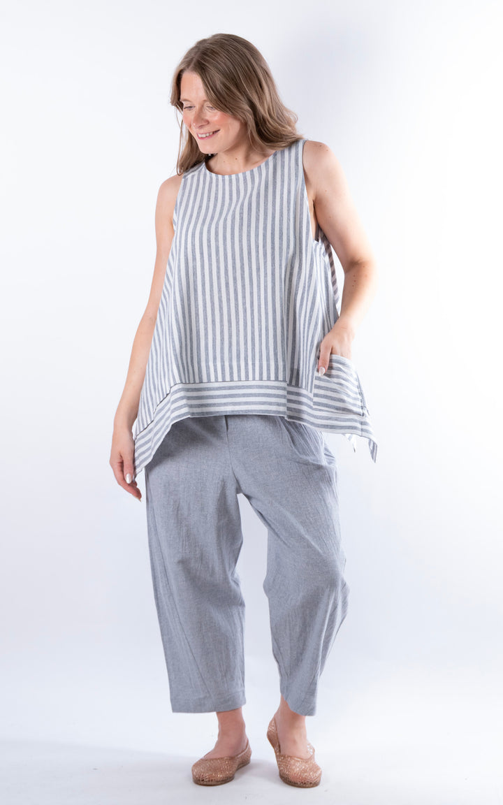 Ella Linen Mix Pocket Top | Stripe | Denim