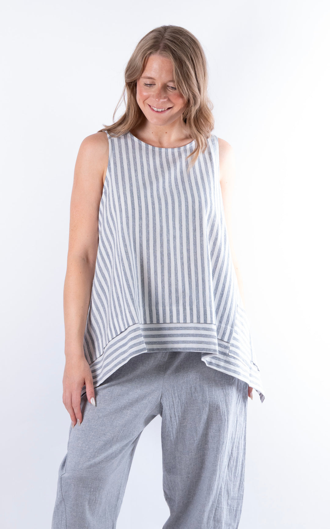 Ella Linen Mix Pocket Top | Stripe | Denim