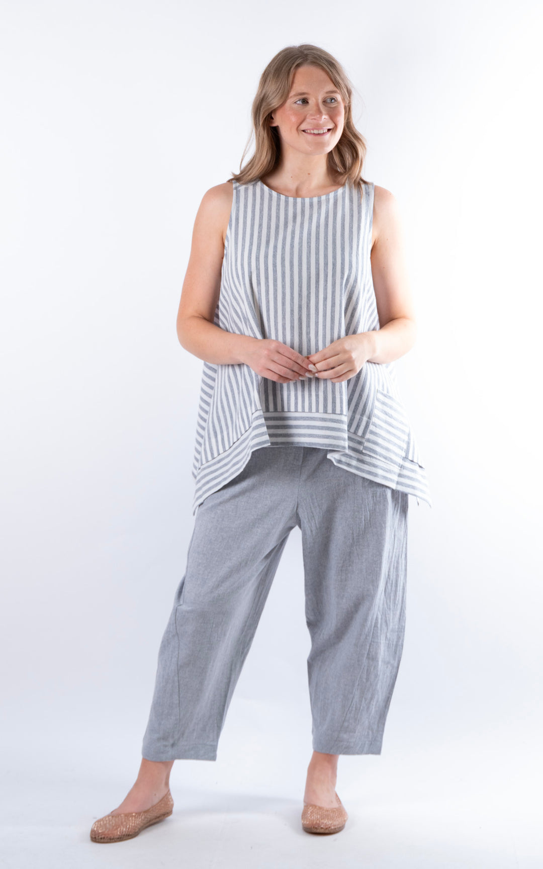 Ella Linen Mix Pocket Top | Stripe | Denim