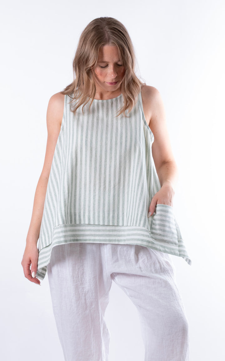 Ella Linen Mix Pocket Top | Stripe | Green