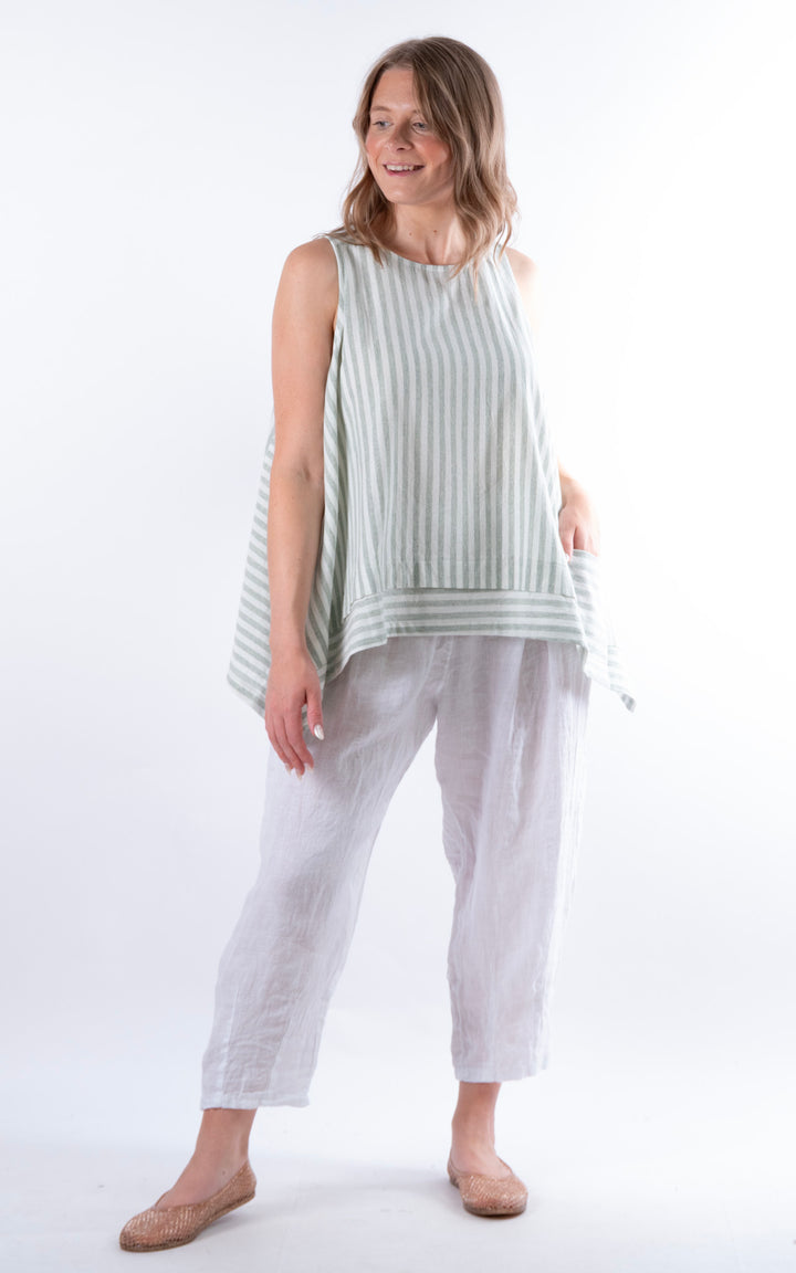 Ella Linen Mix Pocket Top | Stripe | Green
