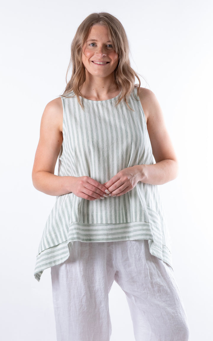 Ella Linen Mix Pocket Top | Stripe | Green