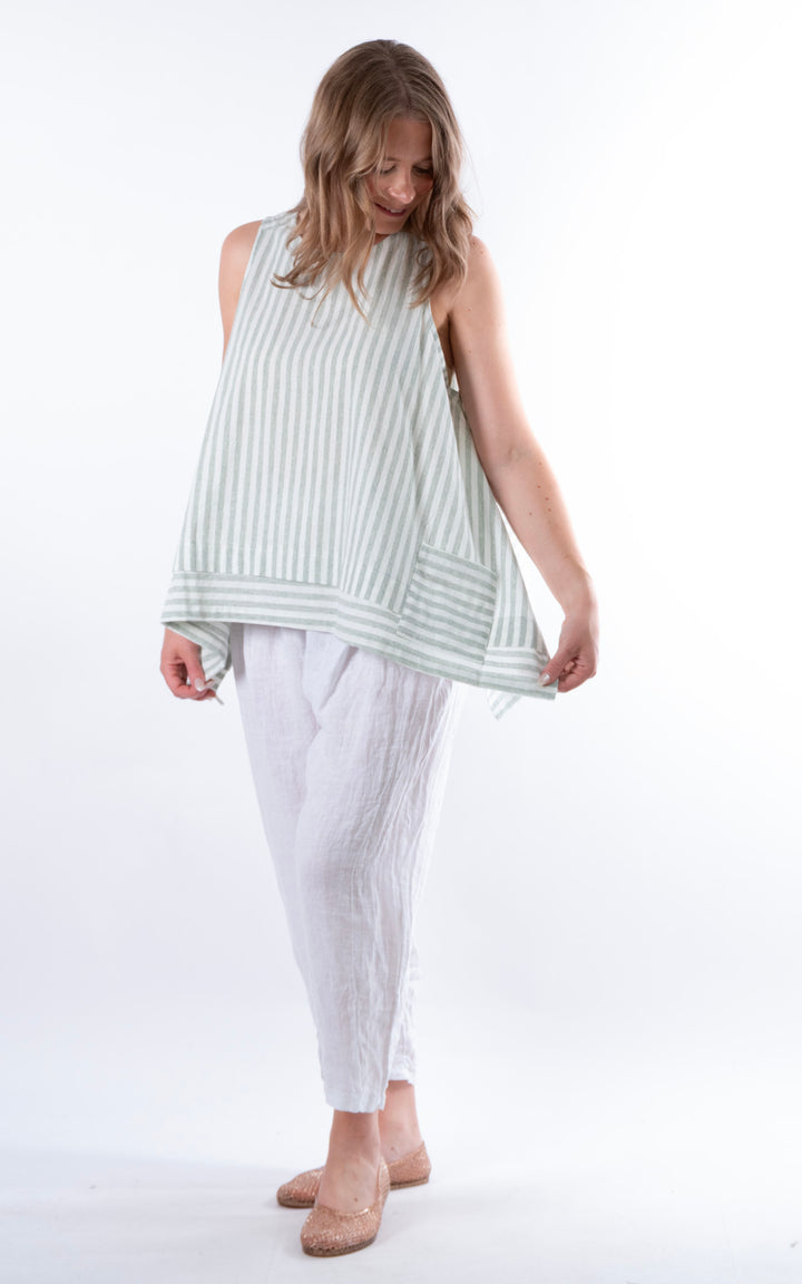 Ella Linen Mix Pocket Top | Stripe | Green
