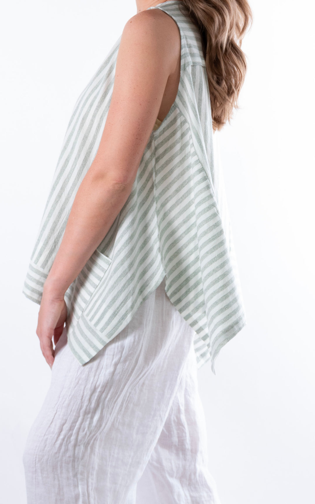 Ella Linen Mix Pocket Top | Stripe | Green