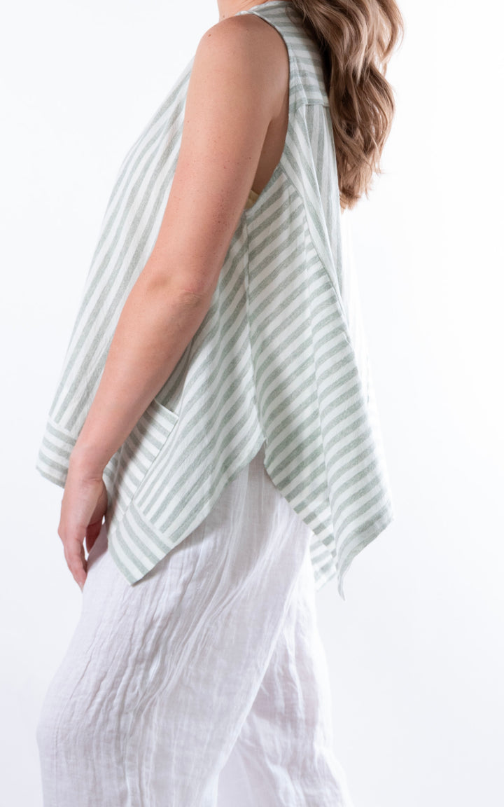 Ella Linen Mix Pocket Top | Stripe | Green