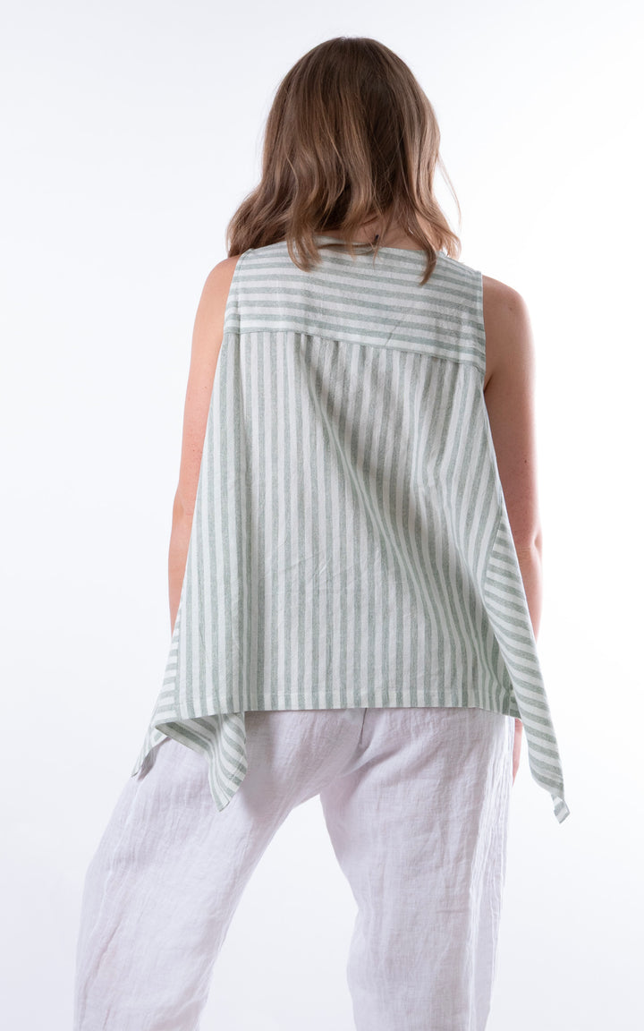 Ella Linen Mix Pocket Top | Stripe | Green