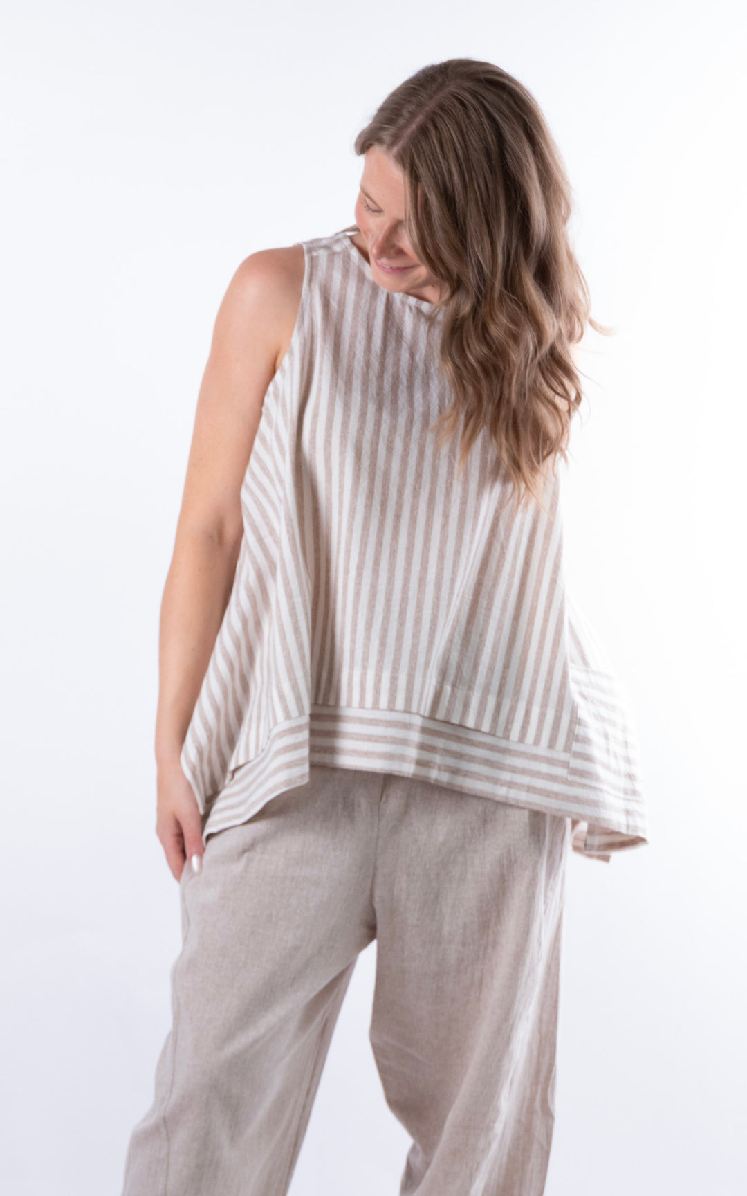 Ella Linen Mix Pocket Top | Stripe | Mocha