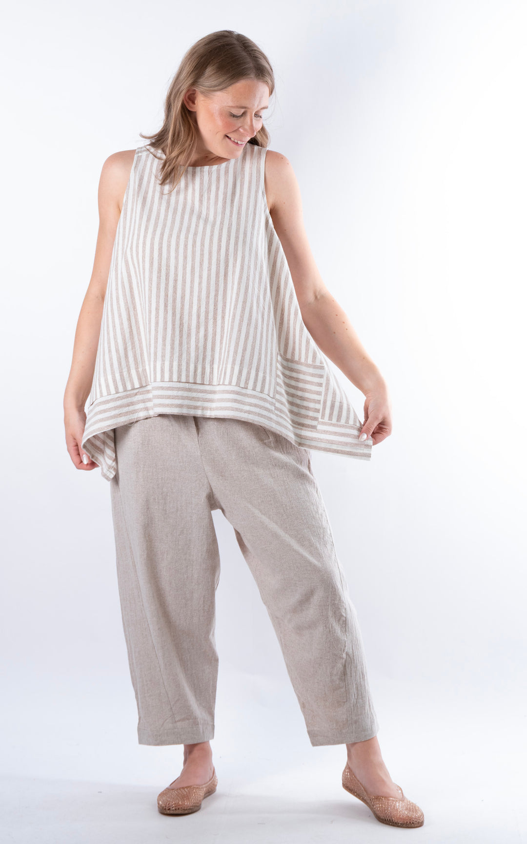 Ella Linen Mix Pocket Top | Stripe | Mocha